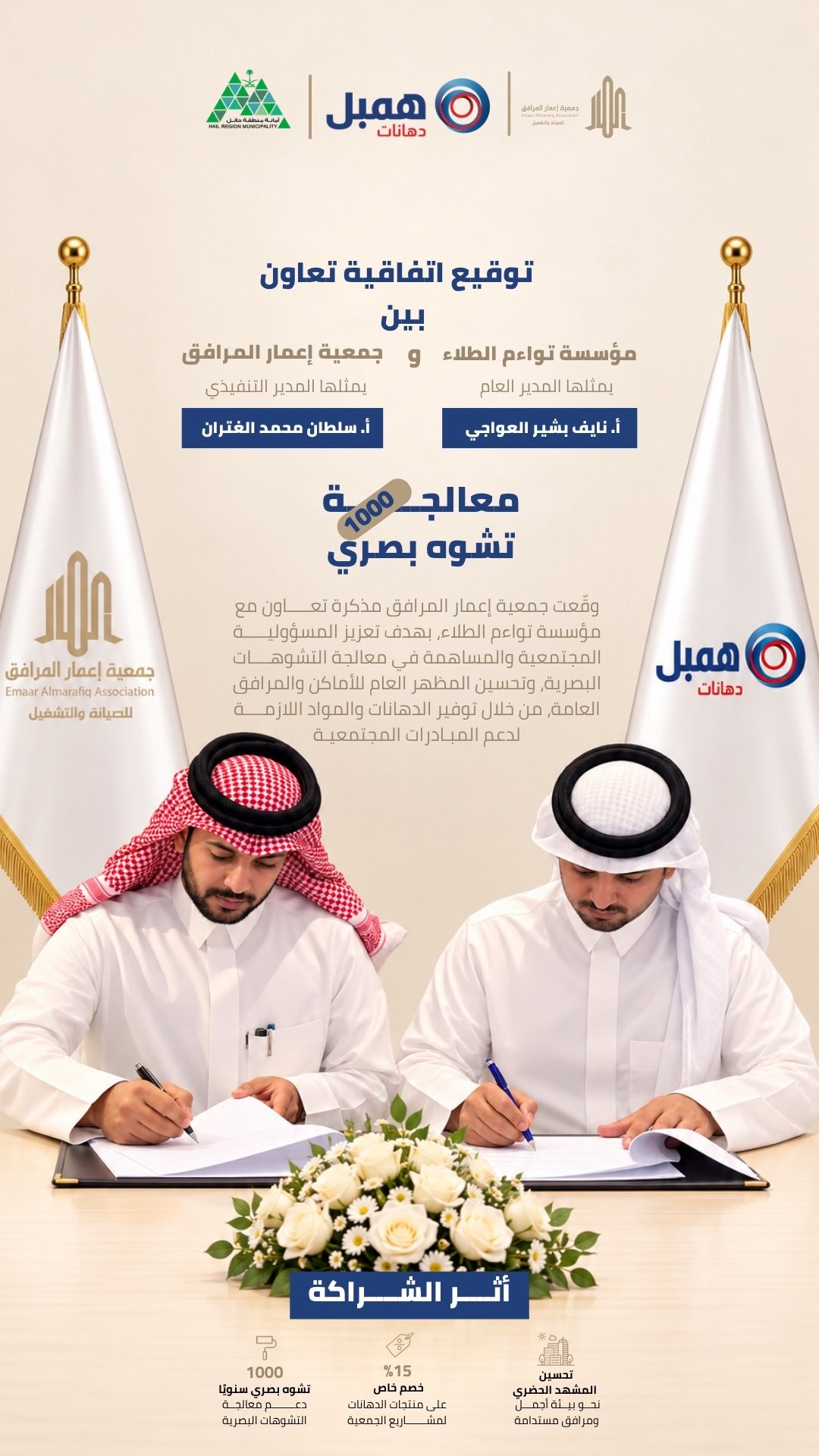 وقّعت جمعية إعمار المرافق مذكرة تعاون مع مؤسسة تواءم الطلاء، مثّل الجمعية المدير التنفيذي...